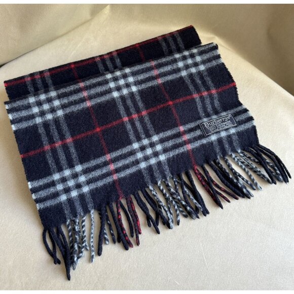 Burberry Vintage Navy Blue Plaid Cashmere Long Scarf with Fringe - Picture 2 of 4